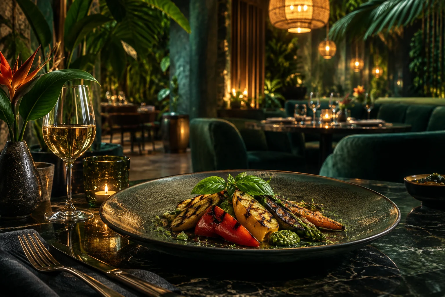 Ambiance du restaurant fictif Braise & Basilic