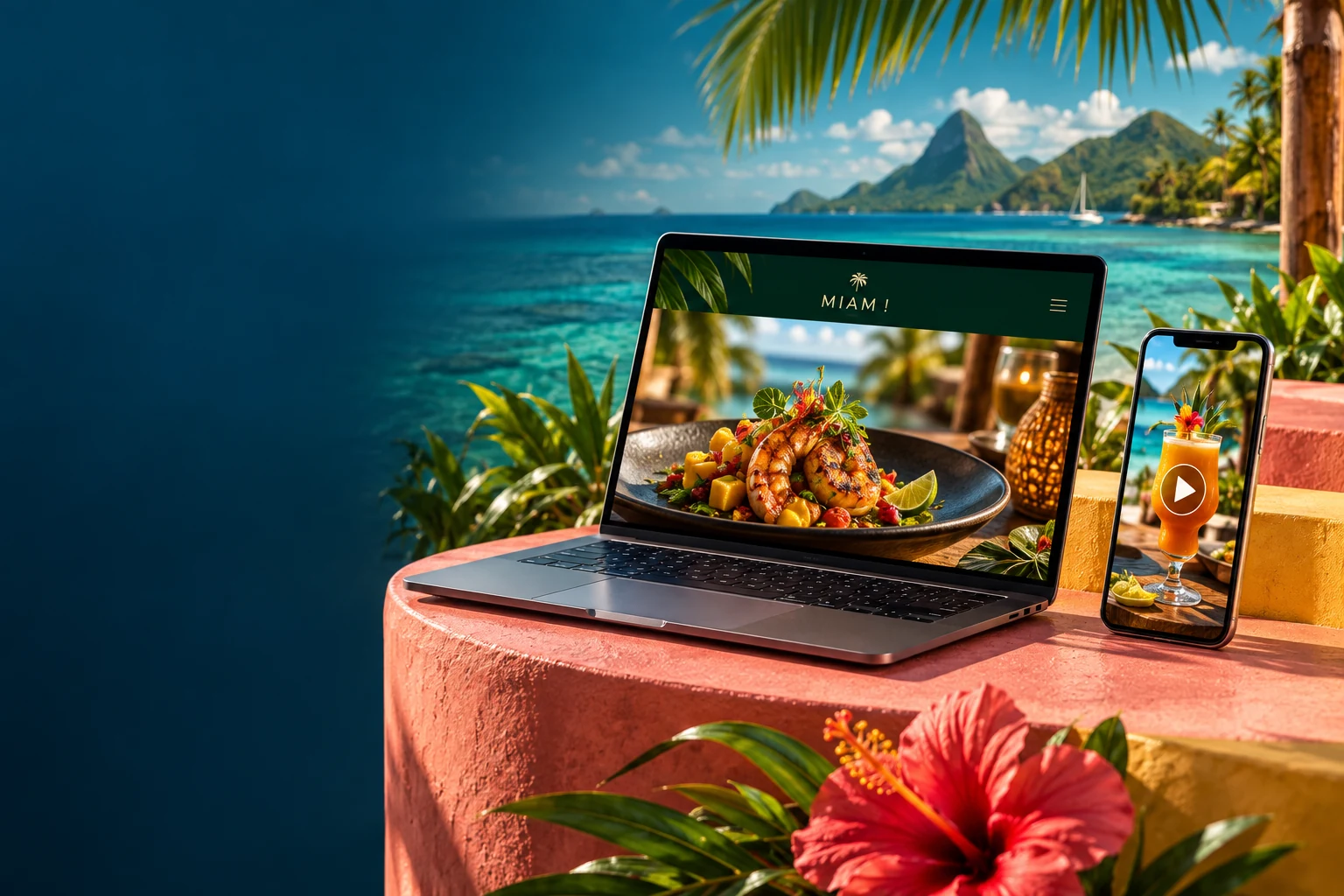 Un site web sur ordinateur et une publicité vidéo sur téléphone, dans un décor tropical éclatant.