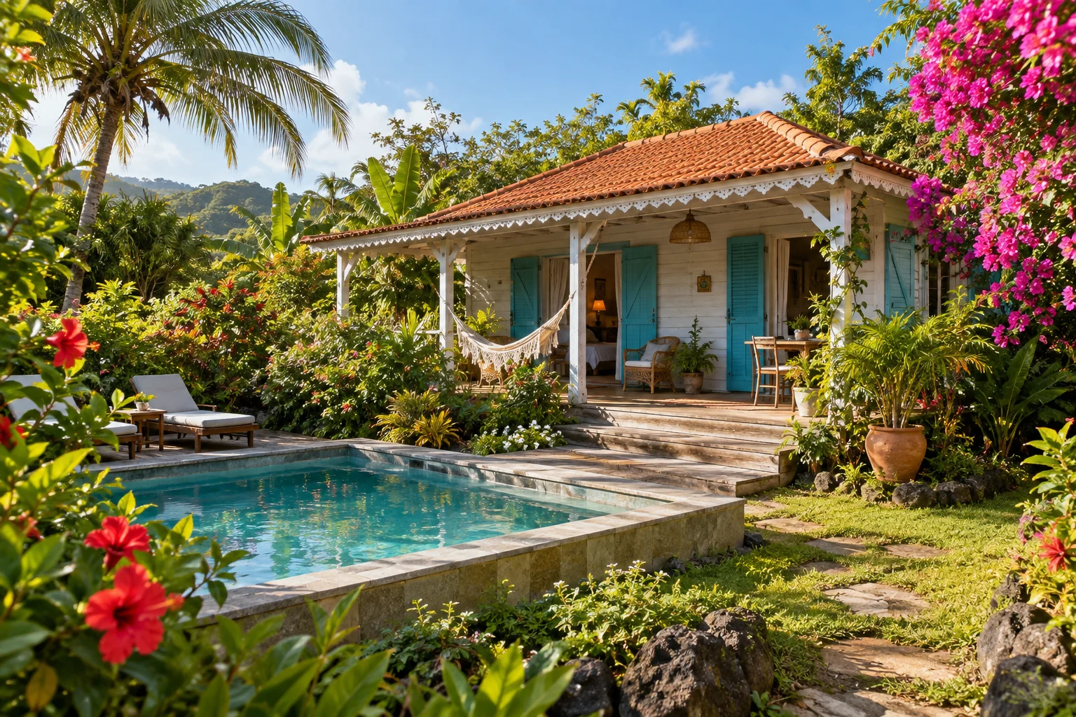 La terrasse et la piscine du gîte fictif Kaz Hibiscus